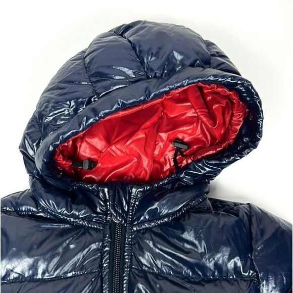 DUVETICA Toddler Girl Soft  Down Puff Coat with Hood Deep Blue Red Lining Sz 2 - Picture 2 of 13